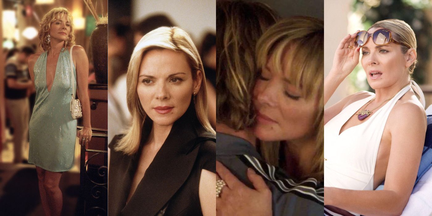 Four split images of Samantha Jones over the years on SATC