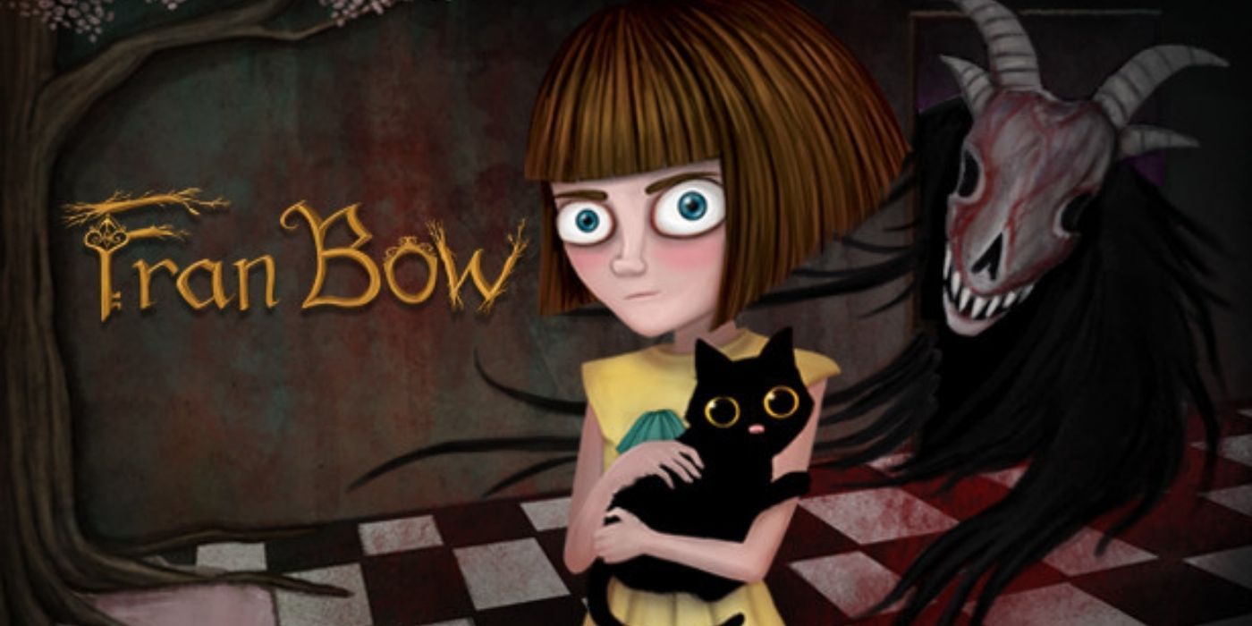 Fran Bow sosteniendo a Mr. Midnight con Remor detrás de ellos en la portada del juego.