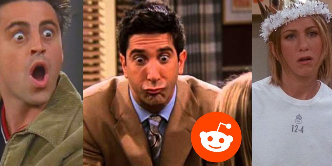 Joey surprised meme face, Ross strange meme face, Rachel thinking meme face, reddit logo
