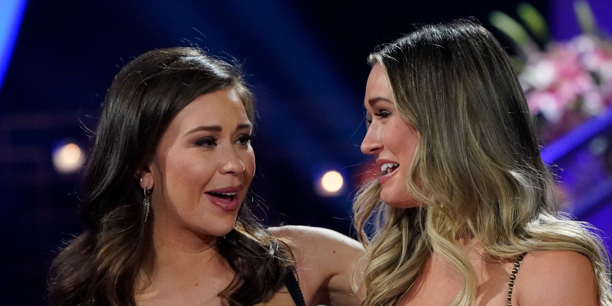 Gabby Windey and Rachel Recchia on The Bachelor season 26 finale smiling at each other