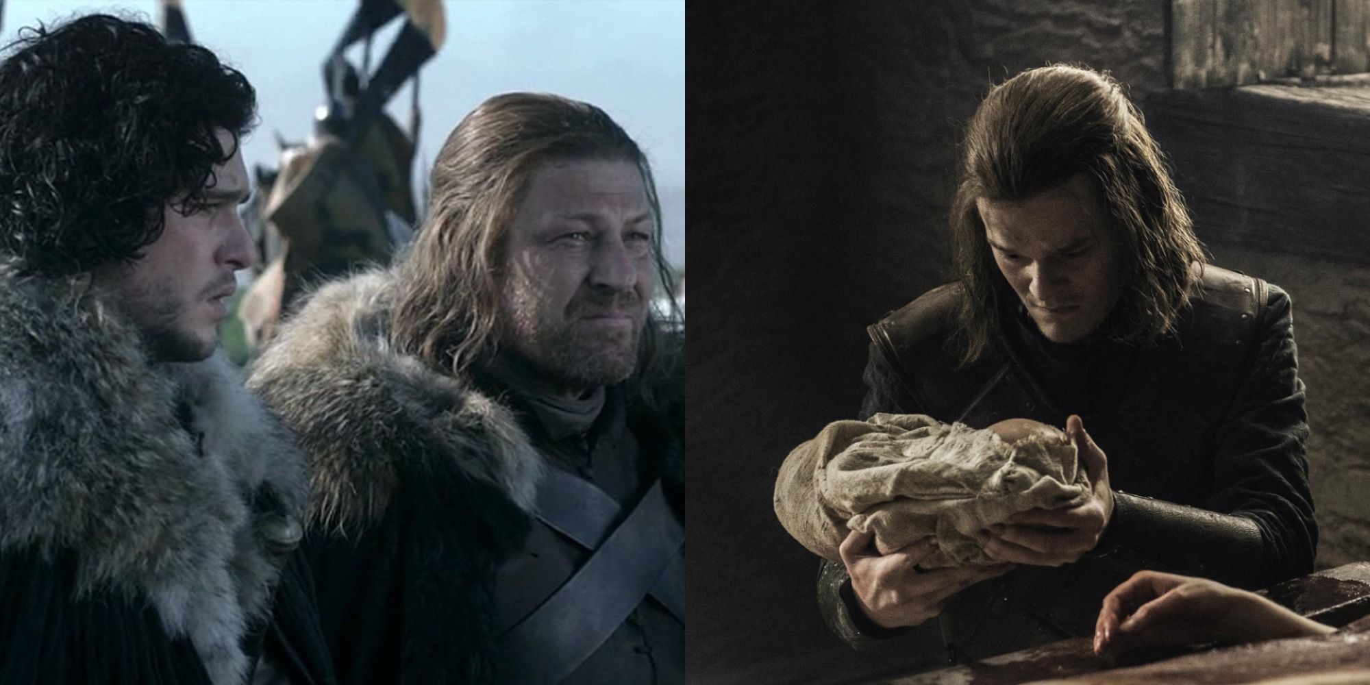 Split image of Ned and Jon on horseback and Ned with baby Jon in Game of Thrones