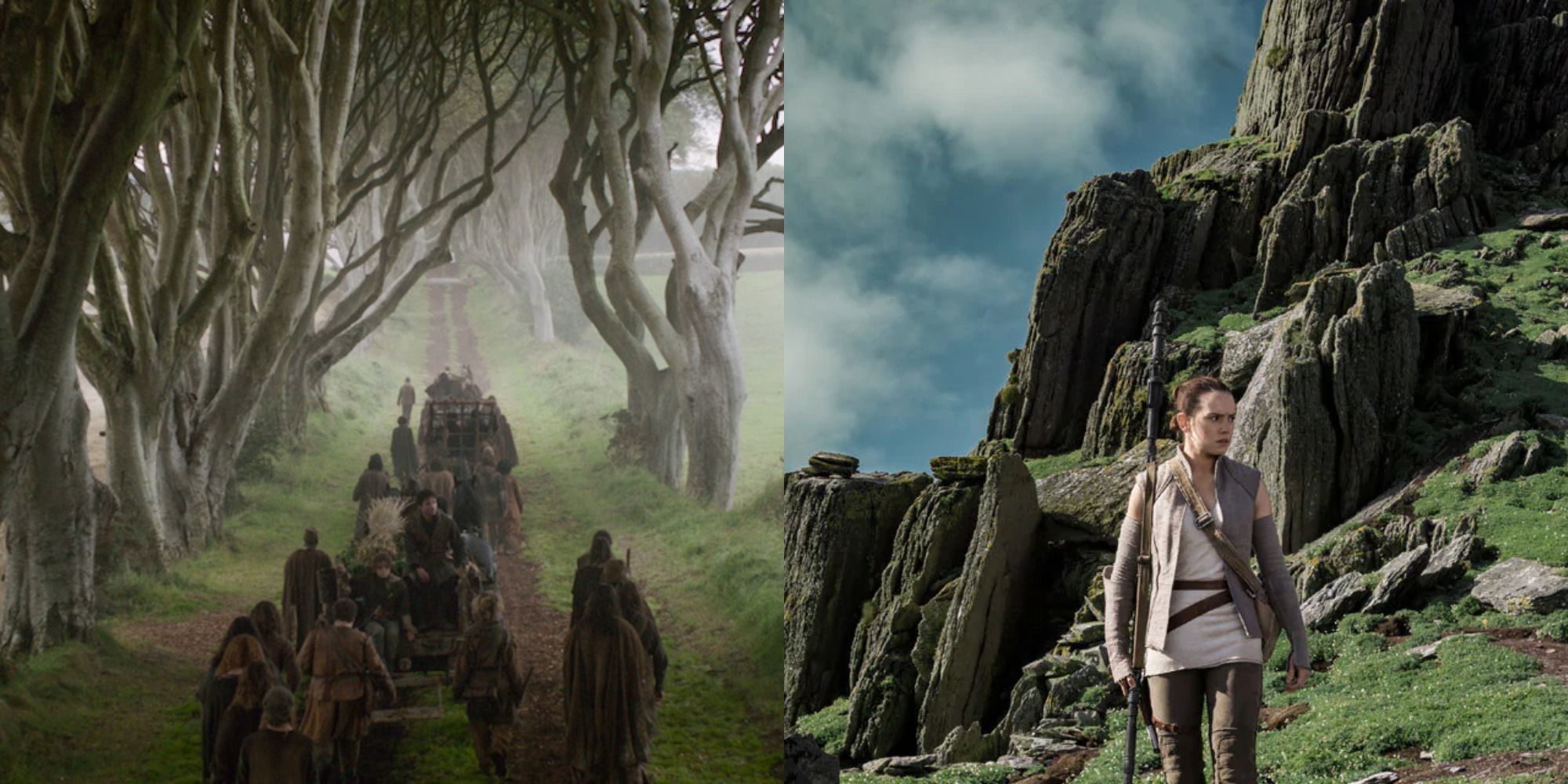 SPlit image showing the Kingsroad in GOT and Ahch-To in The Last Jedi