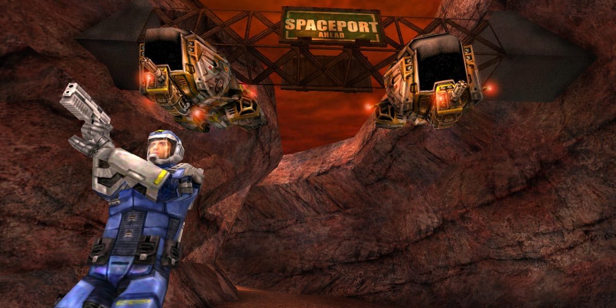 A soldier stands in front of a spaceport sign from Red Faction