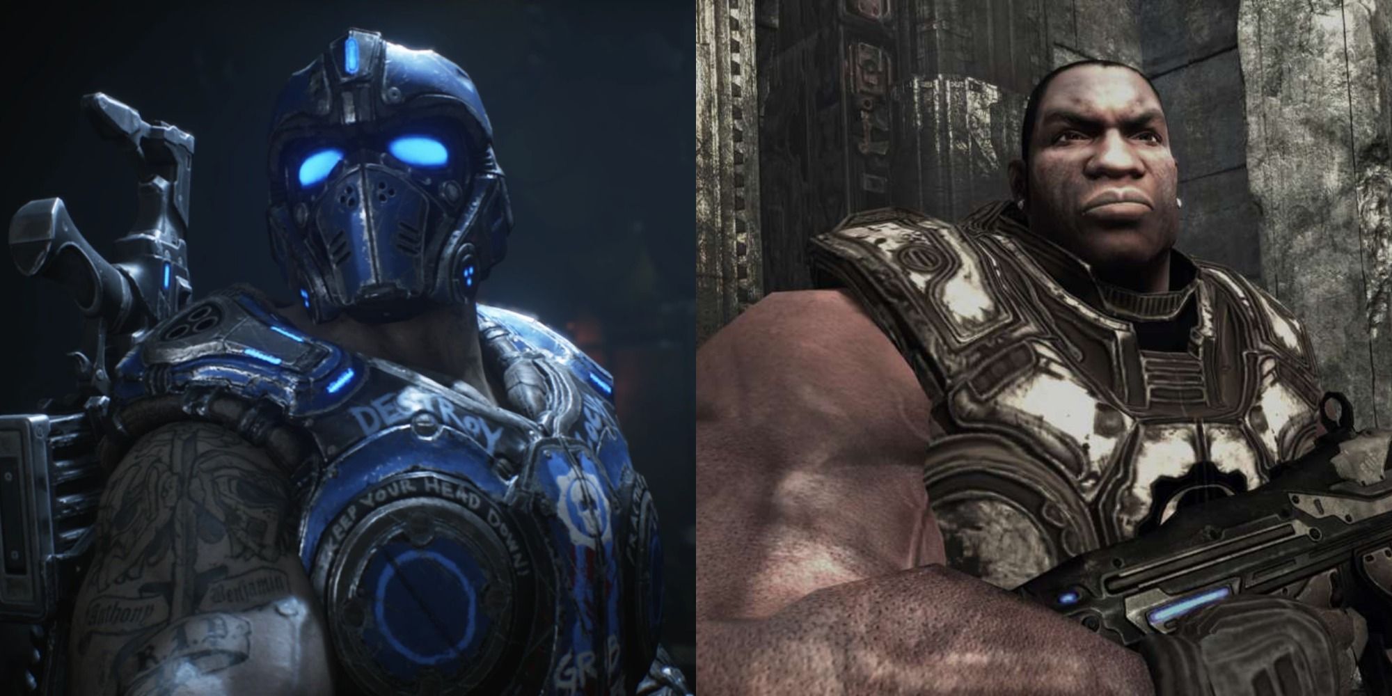 Split image showing Clayton Carmine and Cole Train in Gears of War