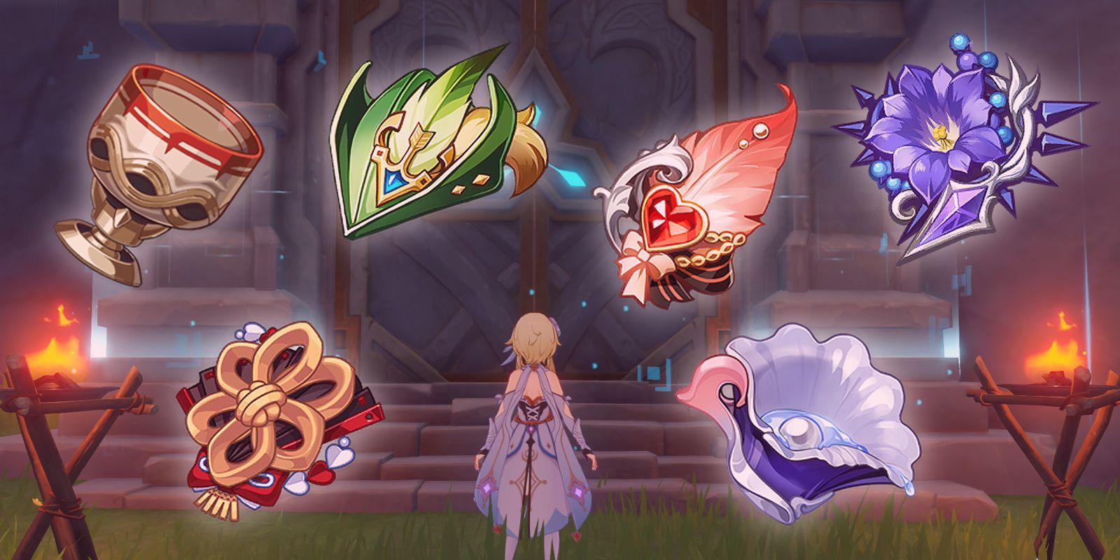 Genshin Impact's Traveler stands in front of a domain with multiple artifact pieces surrounding her.