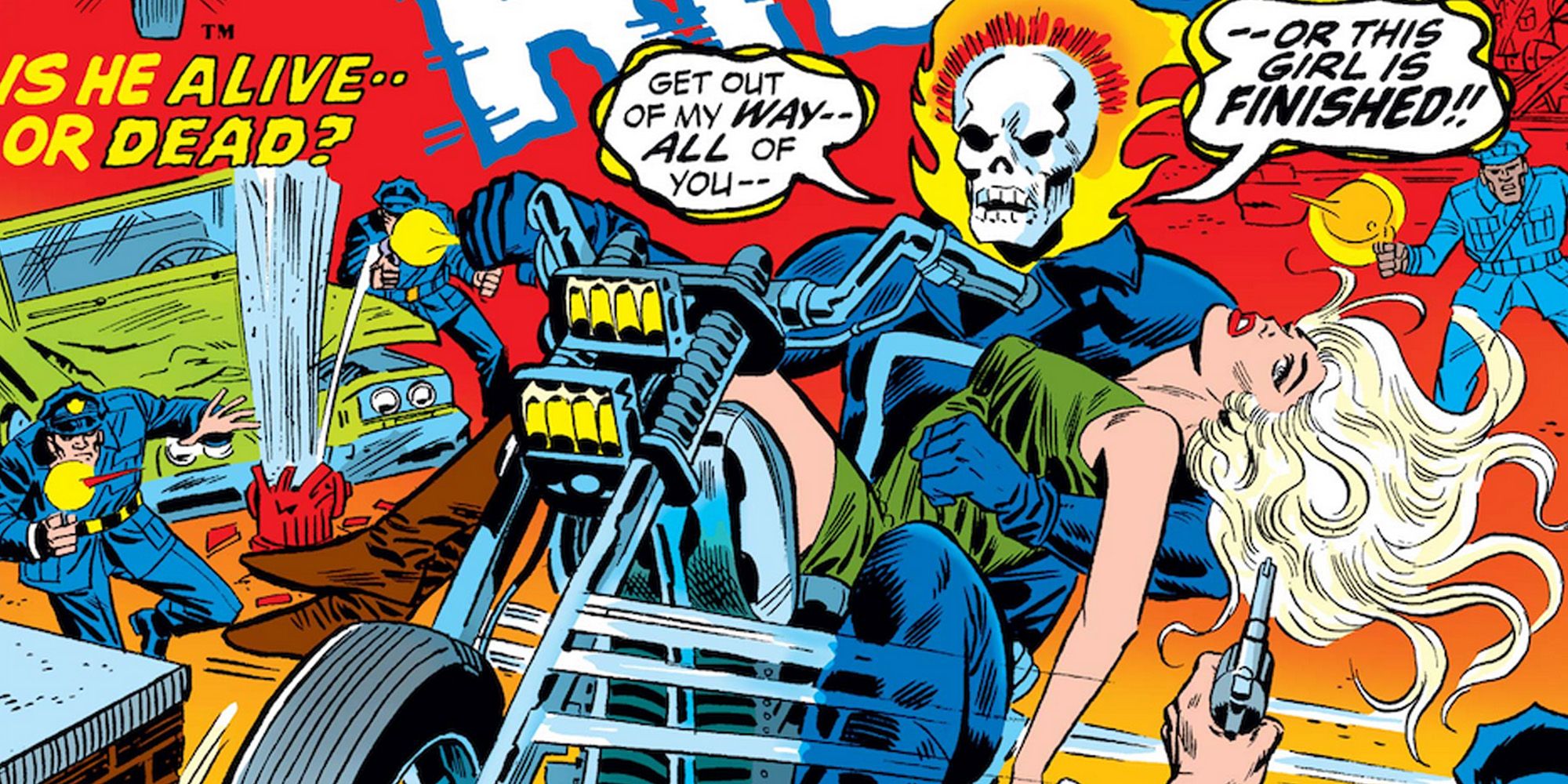 An image of Ghost Rider riding his motorbike in the Marvel Comics