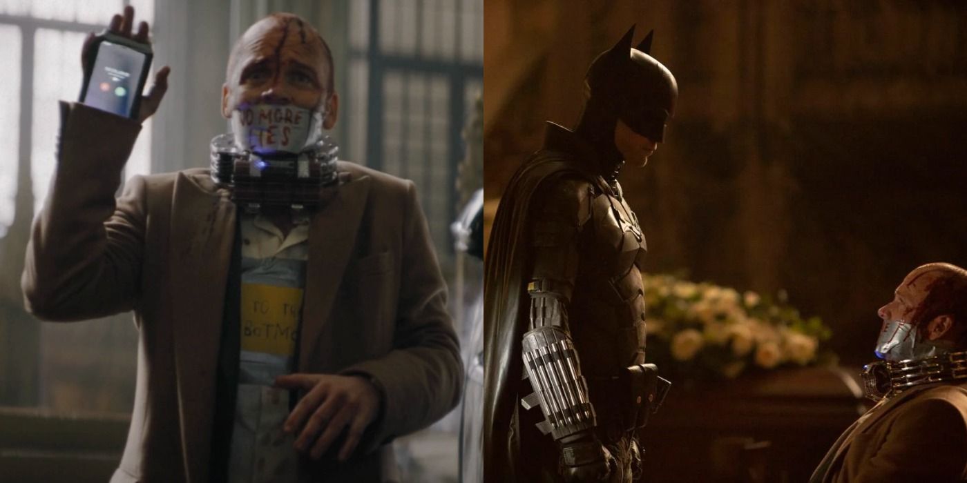 Split image of Gil Colson strapped with a bomb and with Batman at the mayor's funeral