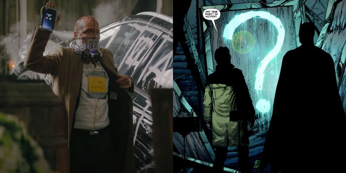 Gil Colson strapped to a bomb in The Batman while Batman and Gordon investigates one of The Riddler&rsquo;s murders in Earth One.