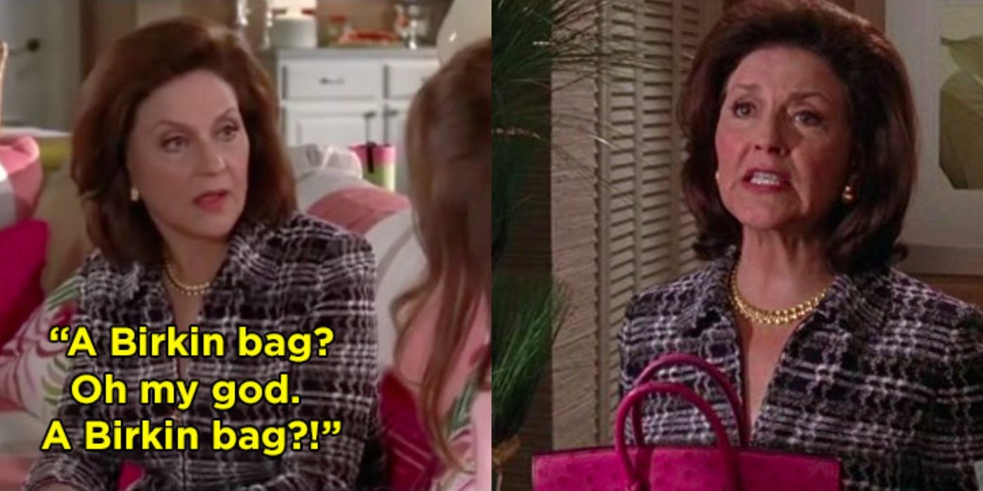 Split image of Emily talking about a Birkin bag on Gilmore Girls