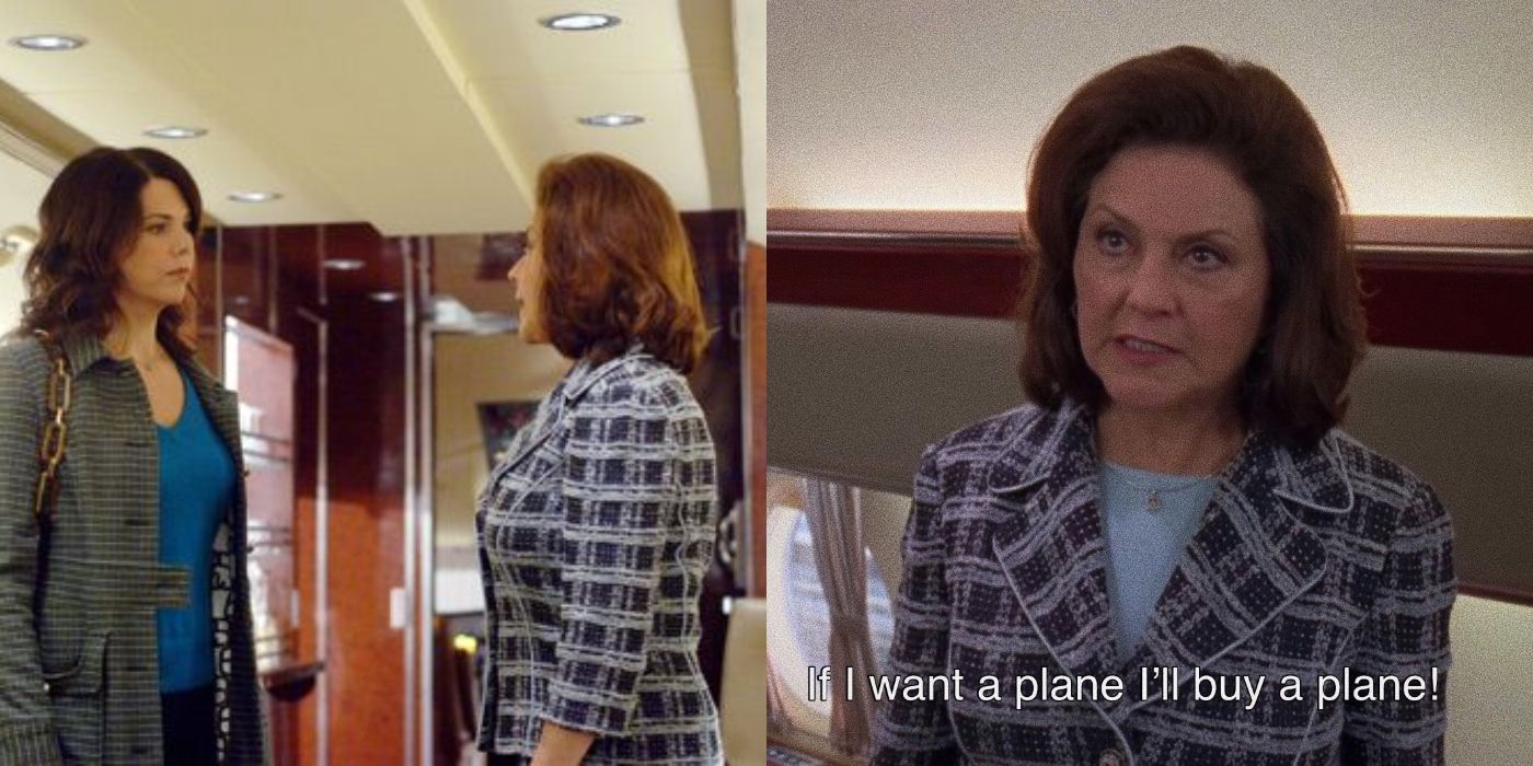 Split image of Lorelai and Emily talking on a private plane on Gilmore Girls
