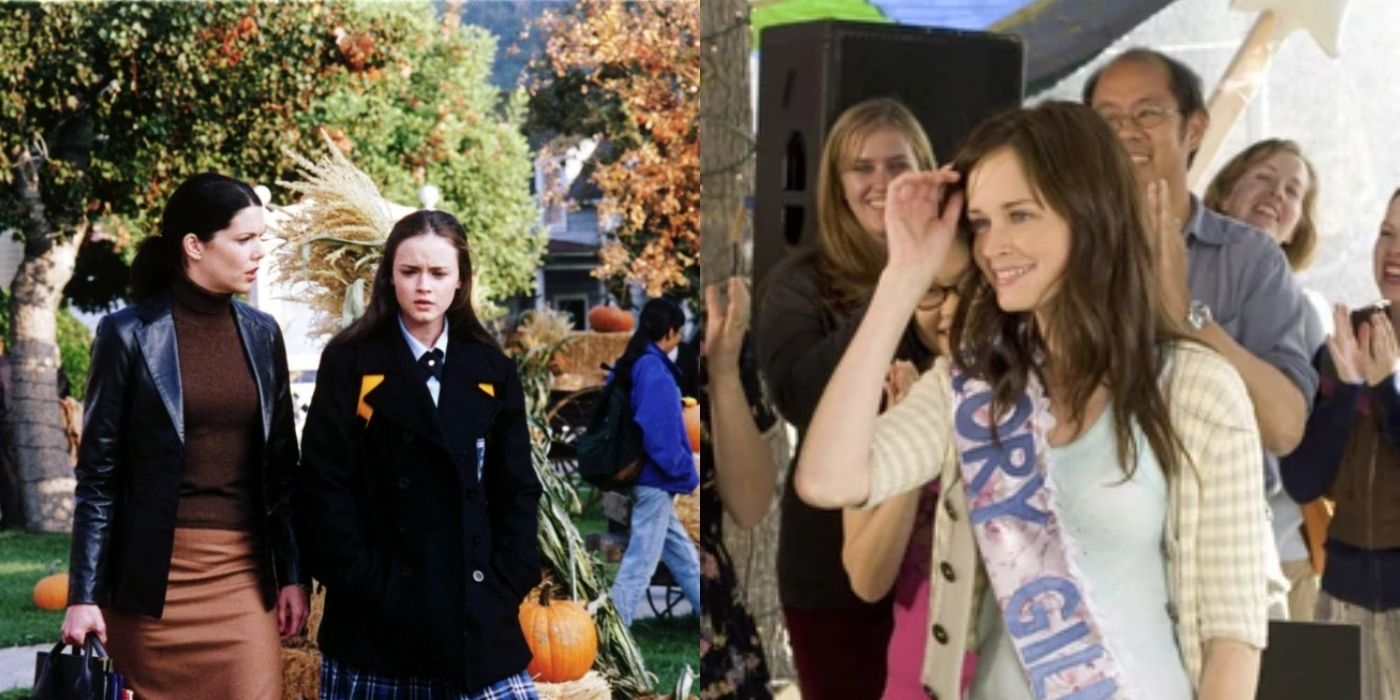 Split image of Lorelai and Rory walking and Rory at her graduation party on Gilmore Girls