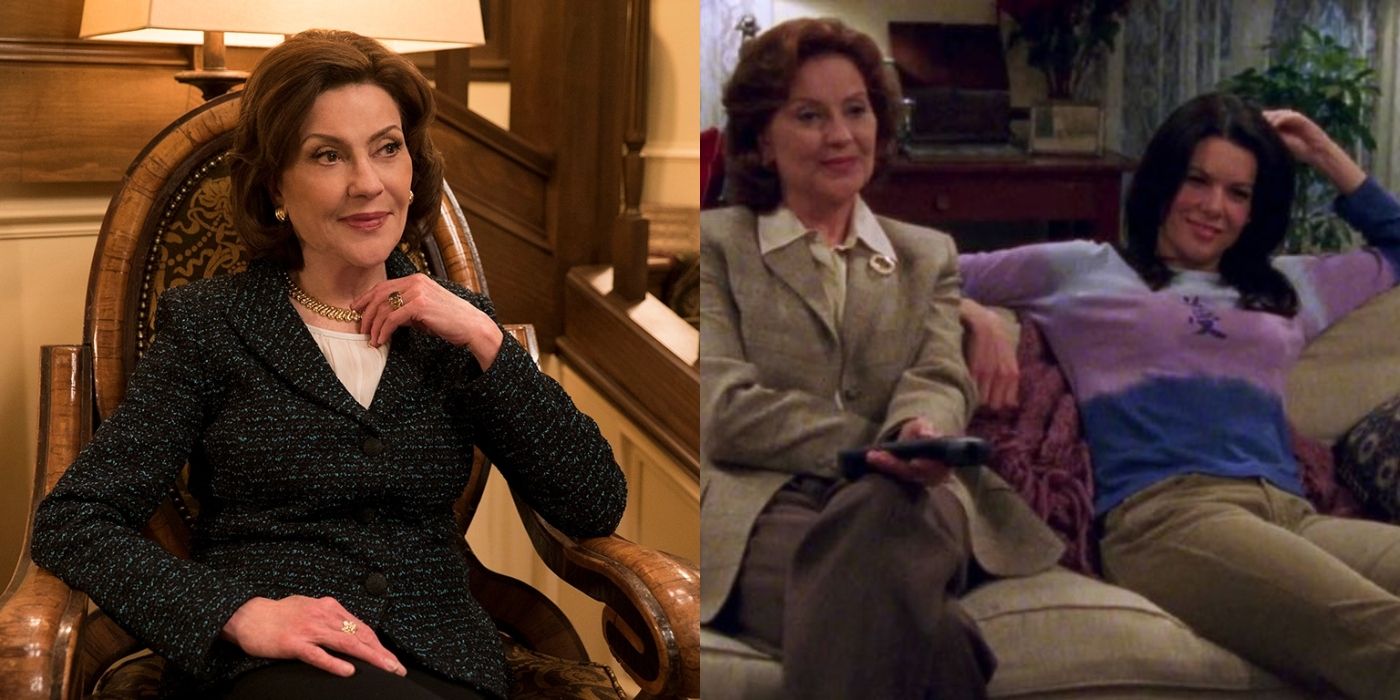 Split image of Emily smiling and Emily and Lorelai sitting on a couch on Gilmore Girls