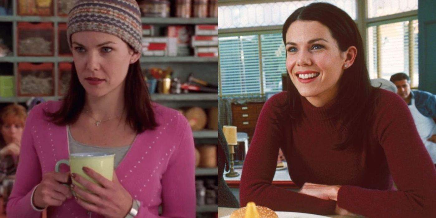 Split image of Lorelai holding coffee and smiling on Gilmore Girls