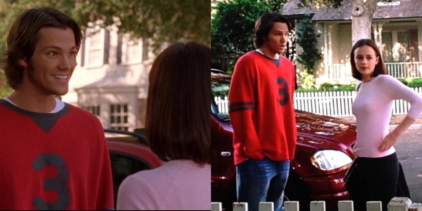 Split image of Dean and Rory talking outside on Gilmore Girls