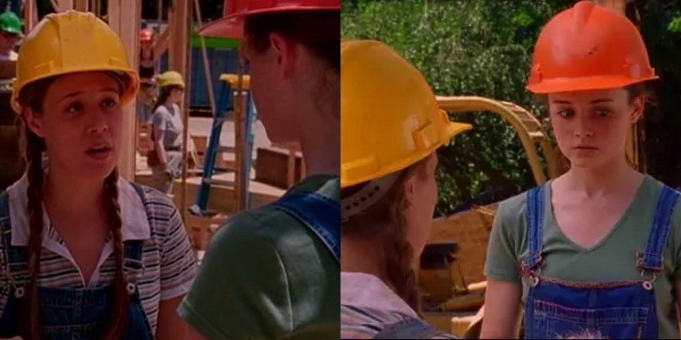 Split image of Paris and Rory talking while volunteering on Gilmore Girls