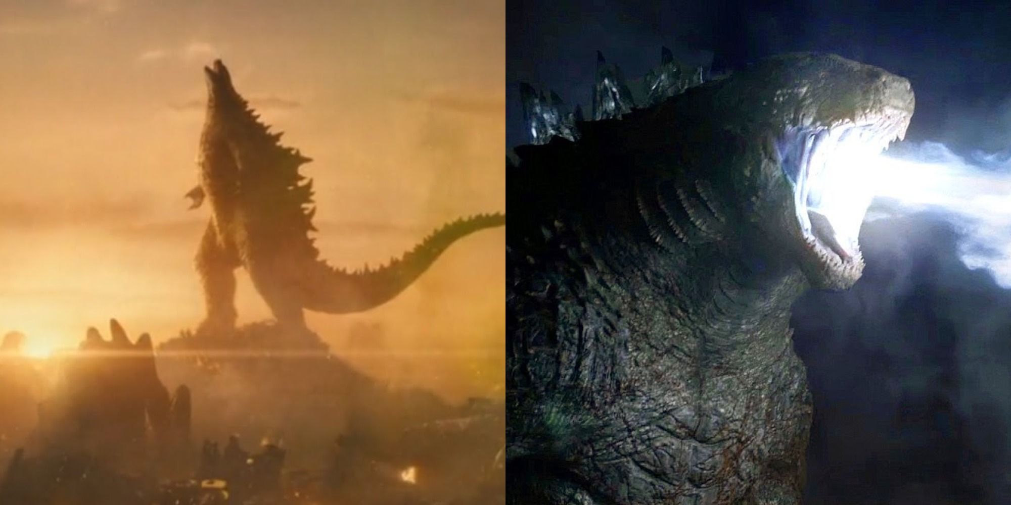 Split image showing Godzilla roaring and firing his atomic breath