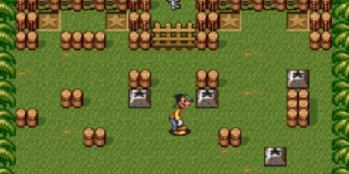 Goofy Standing in the center of a stage in the Goof Troop video game.