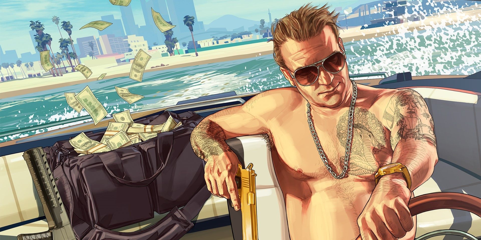 Grand theft auto man with pistol driving away on boat with money duffel