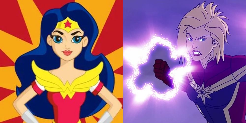 Split image showing Grey DeLisie-Griffin as Wonder Woman and as Captain Marvel