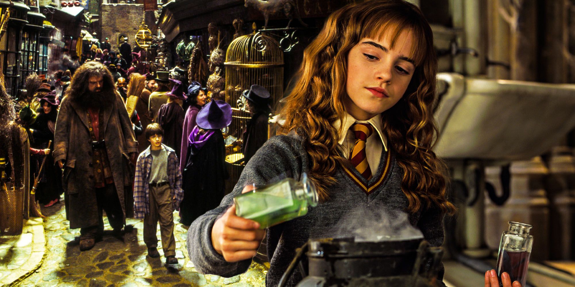 Harry Potter collage of Hagrid and Harry in Diagon Alley and Hermione making a potion