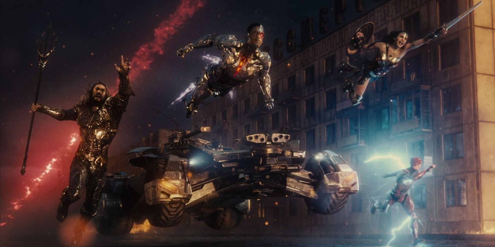 Group shot of the Justice League leaping into action in Zack Snyder's Justice League