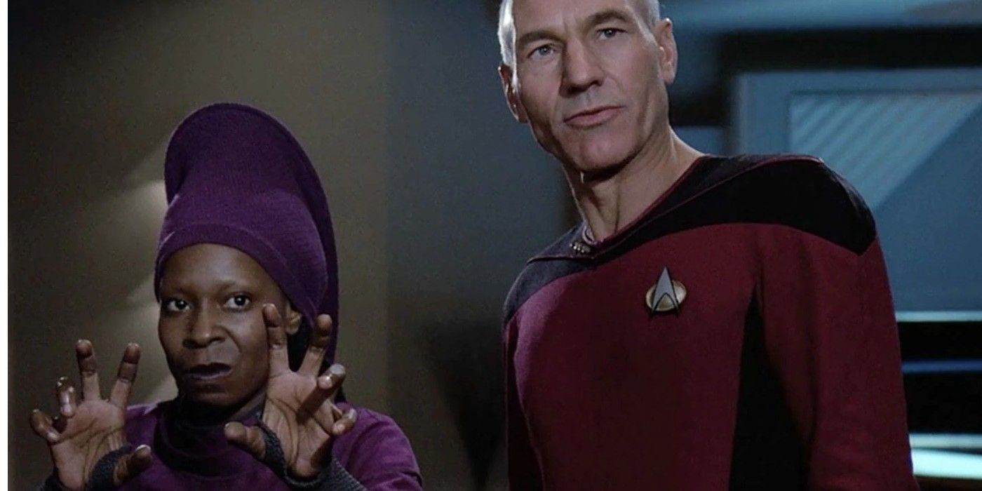 Guinan and Jean-Luc Picard on Star Trek The Next Generation
