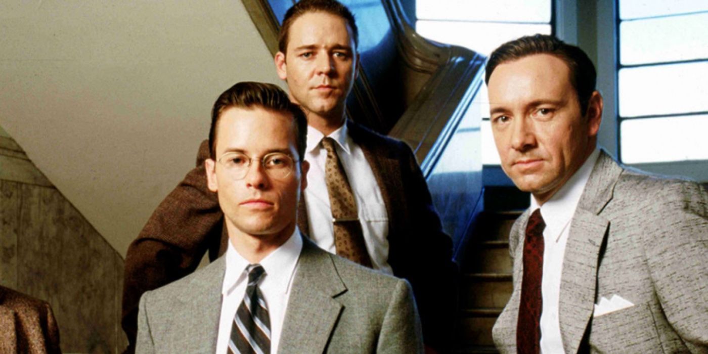 Guy Pearce with L.A. Confidential costars Russell Crowe and Kevin Spacey