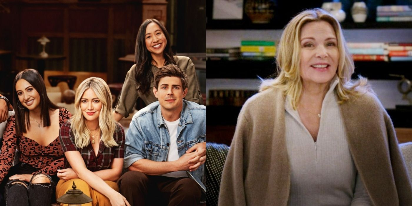 A split image with Valentina, Sophie, Ellen, and Jesse on the right and Older Sophie on the left from How I Met Your Father.