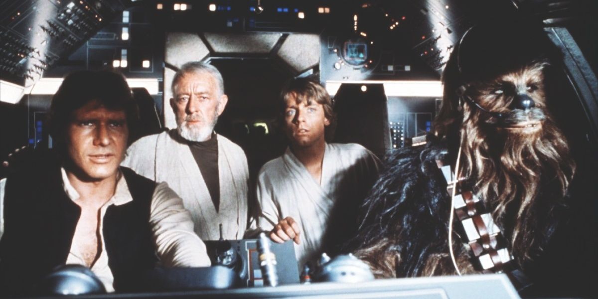 Han Solo Obi Wan Luke Skywalker and Chewbacca in the Millenium Falcon in Star Wars Episode IV A New Hope Cropped