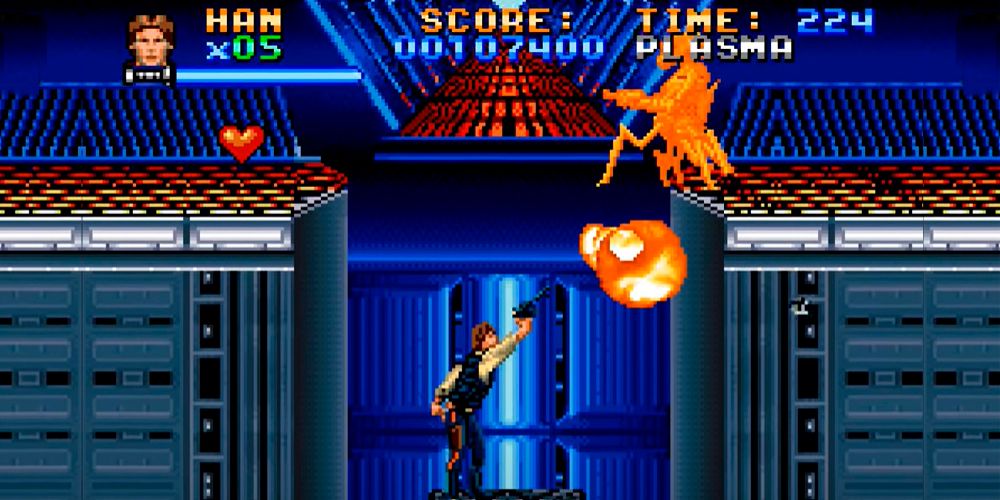 Han Solo firing his blaster diagonally in the death star prison level rescue the princess from super star wars