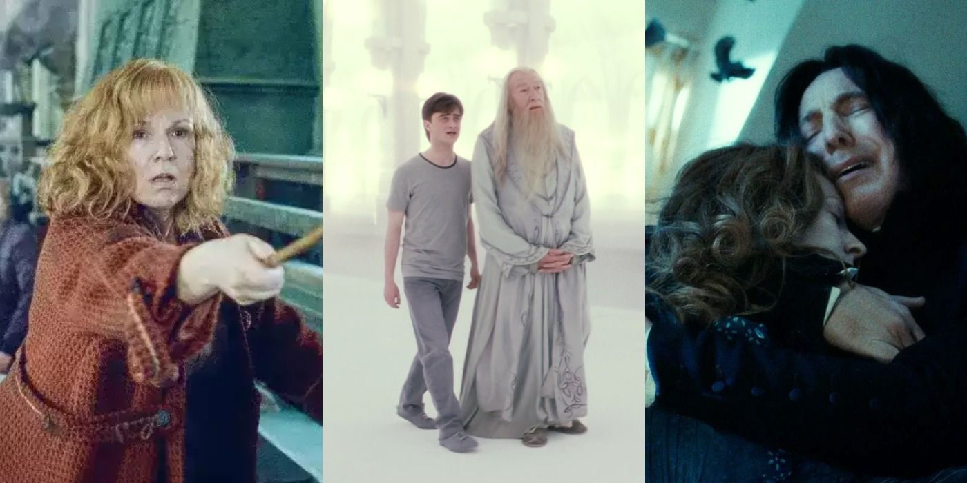 Split image of Molly Weasley, Harry and Dumbledore and Snape and Lily from Harry Potter