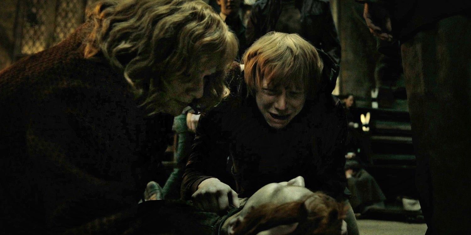 Molly and Ron crying over Fred's body in Harry Potter and the Deathly Hallows Part 2.