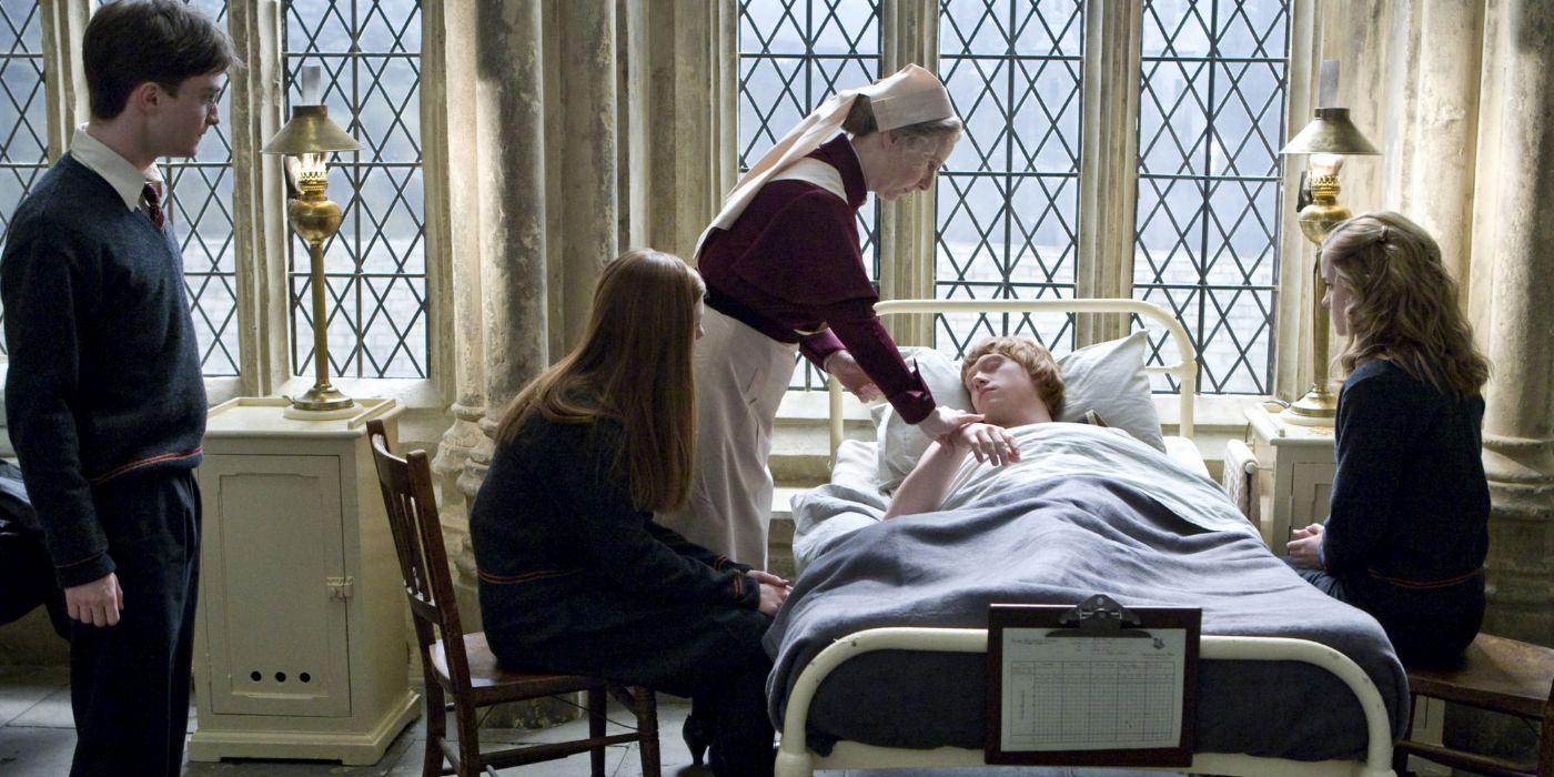 Madam Pomfrey caring for Ron in the Hospital Wing in Harry Potter. 
