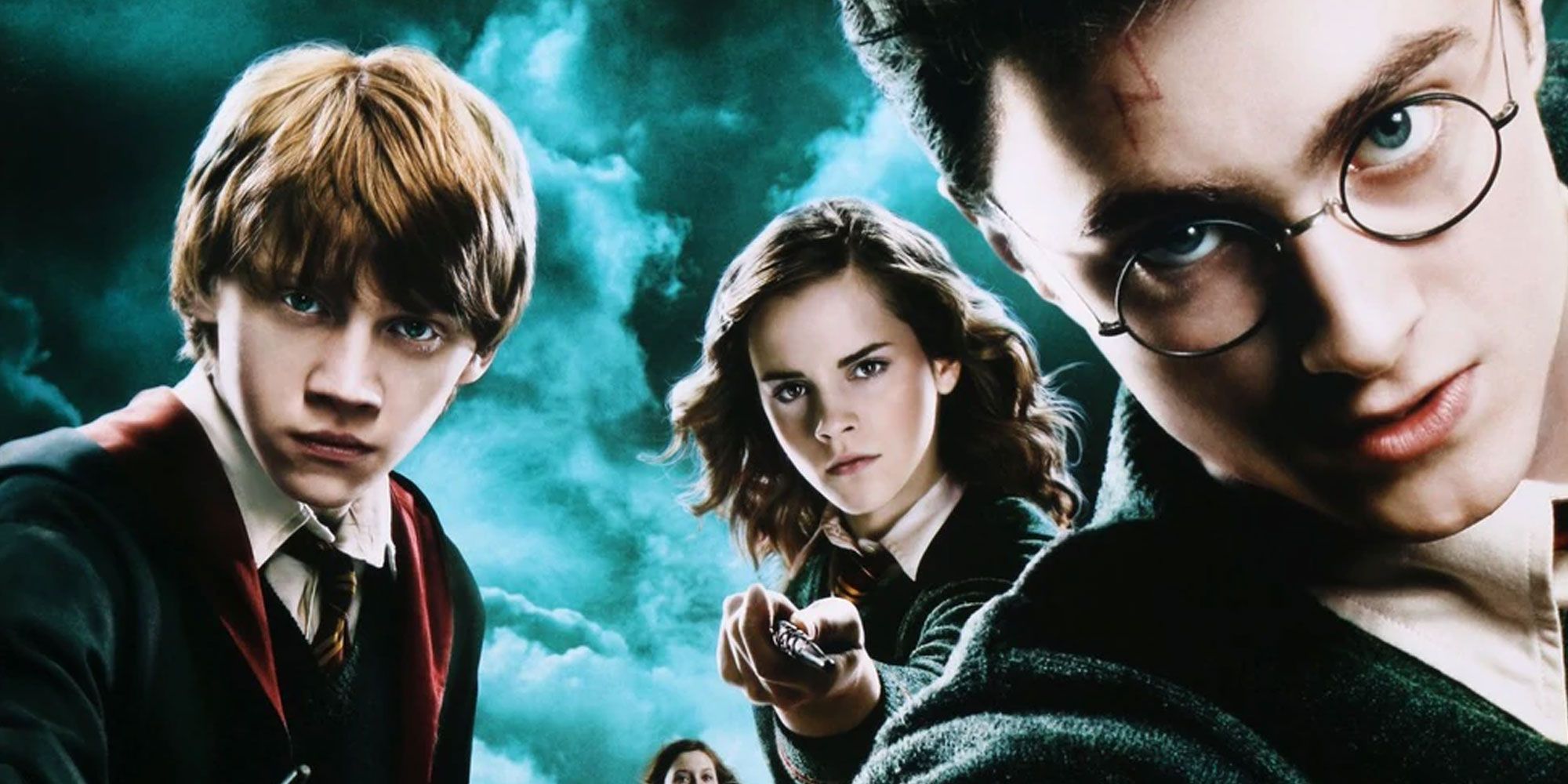 Ron, Hermione and Hermione break the fourth wall on a Harry Potter movie poster.