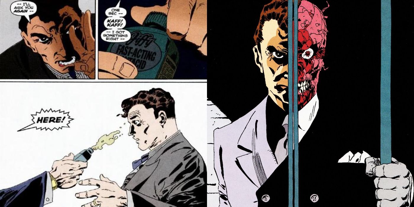Split image of Harvey Dent getting acid thrown at his face and imprisoned as Two-Face