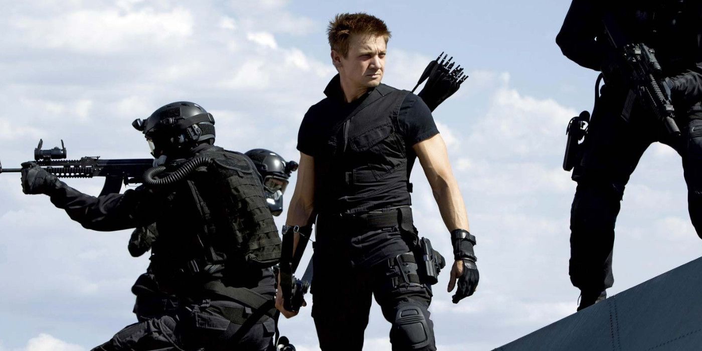 Hawkeye on the Hellicarrier with soldiers in The Avengers