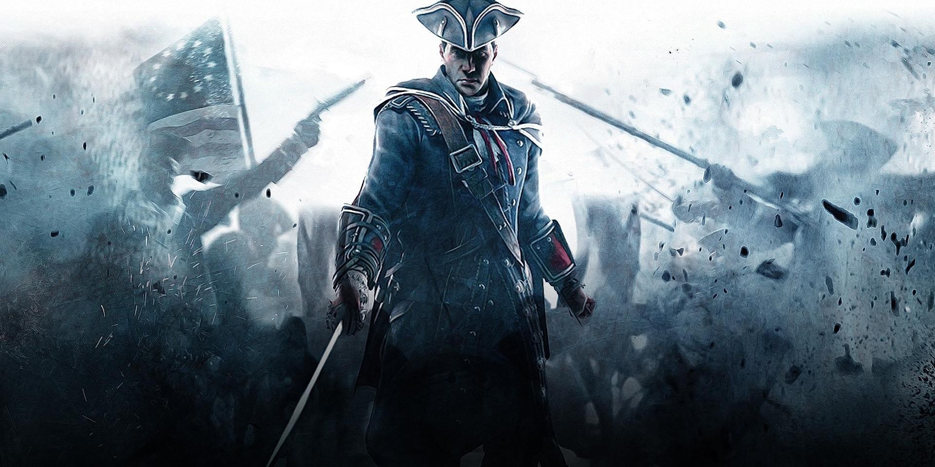 Haytham Kenway stands in a battlefield in Assassin's Creed 3.