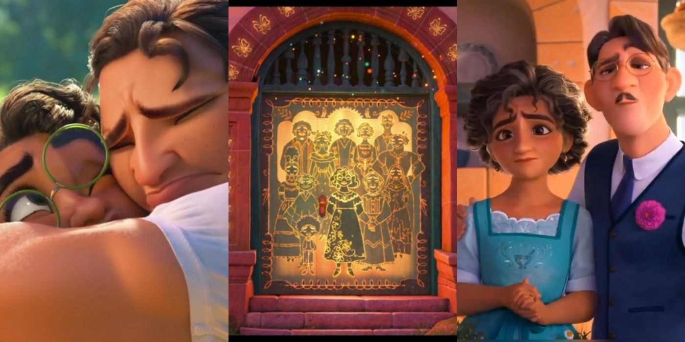 Images showing scenes from Encanto; Mirabel and Luisa hugging, the family door, and Julieta and Agustin looking concerned