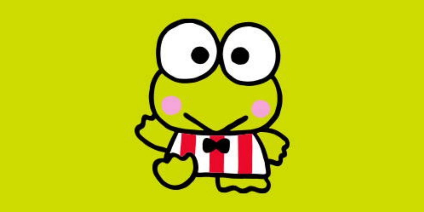 Sanrio character Keroppi smiling and waving against a green background