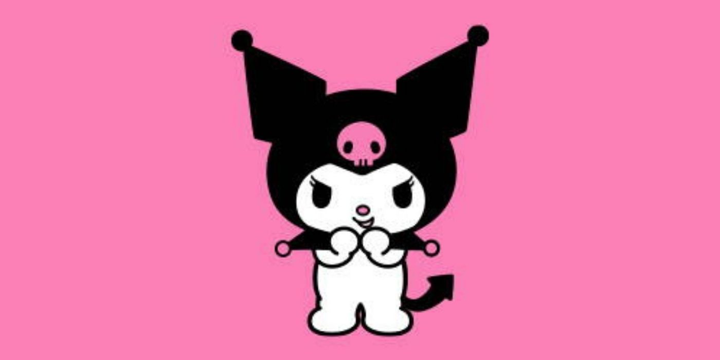 Sanrio character Kuromi smiling devilishly in their black hat against a pink background