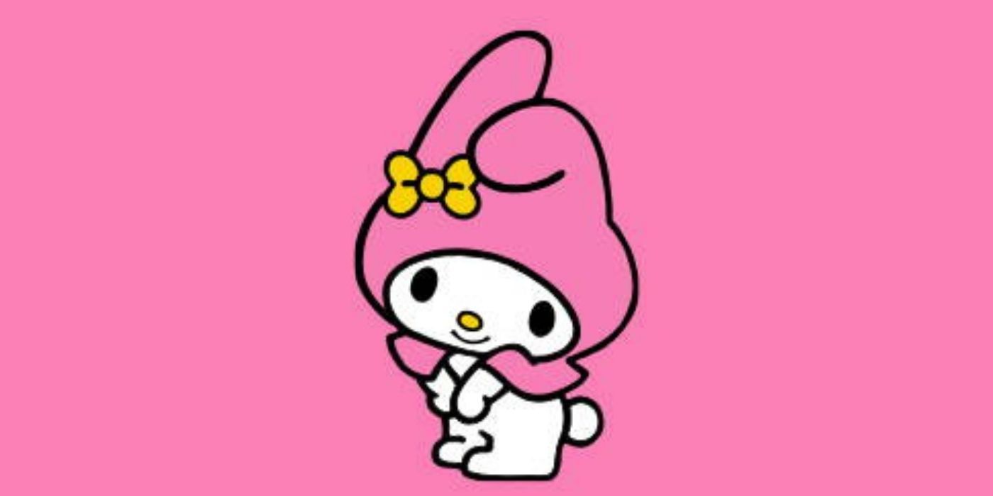 Sanrio character My Melody looking shy in her pink hat against a pink background