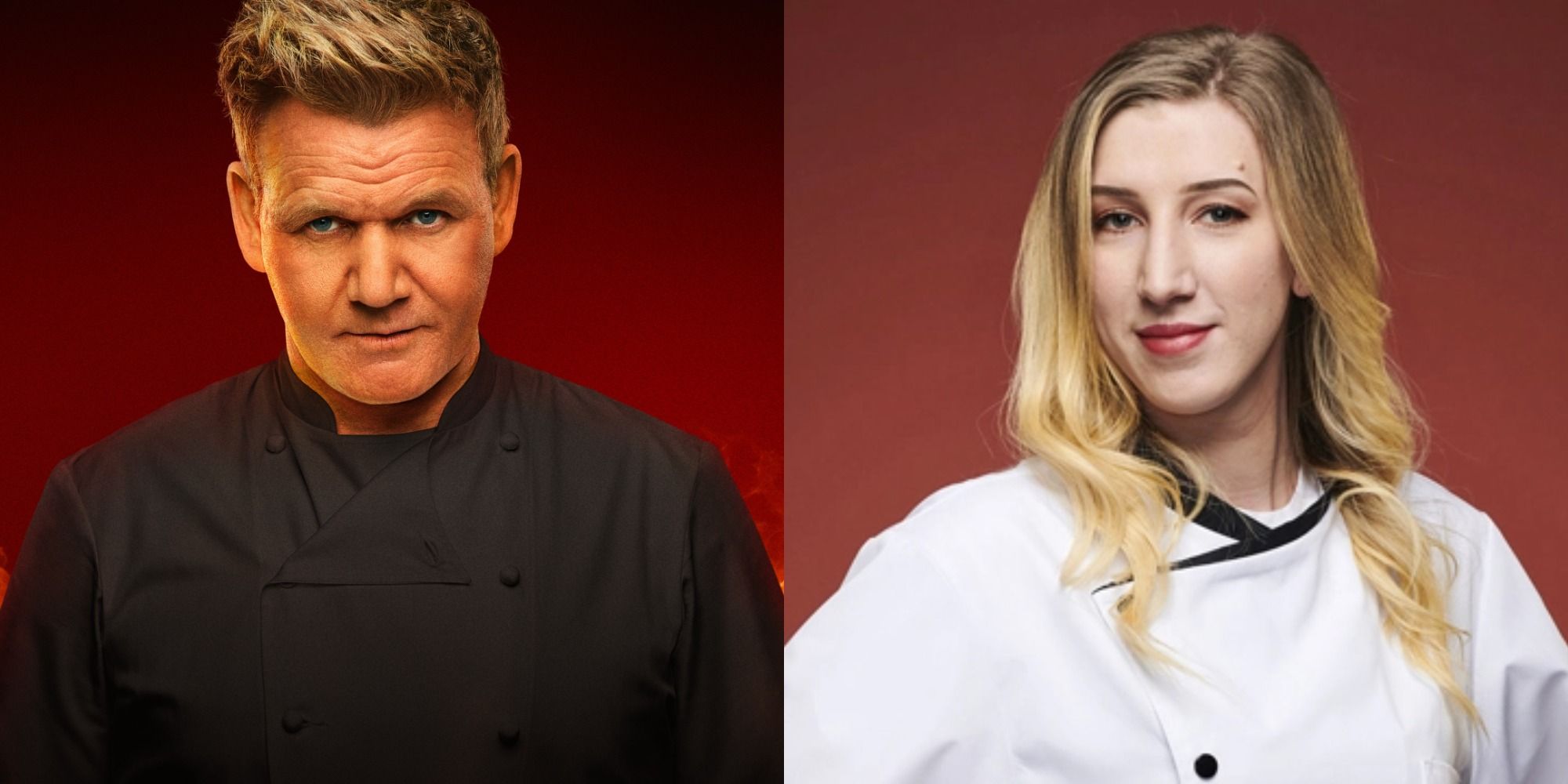 Split image showing Gordon Ramsay and Nicole Hanna in Hell's Kitchen