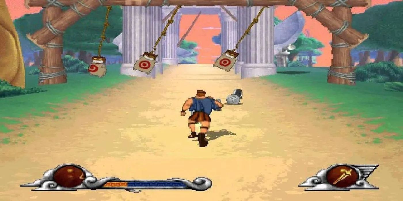 Hercules running toward swinging targets in the Hercules video game.