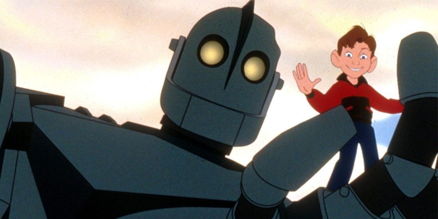 Hogarth waving from the top of his giant robot in Iron Giant