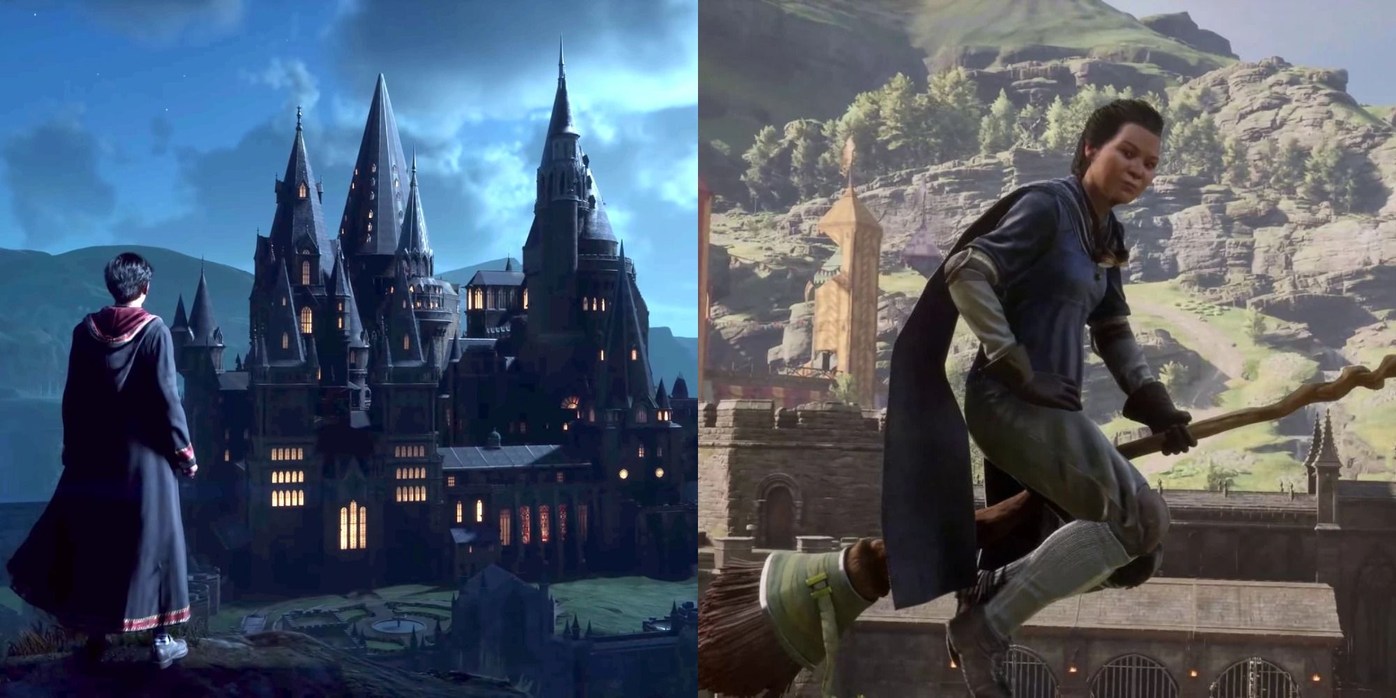 Split image showing a characters seeing Hogwarts from the distance and one on a broom flying in Hogwarts Legacy