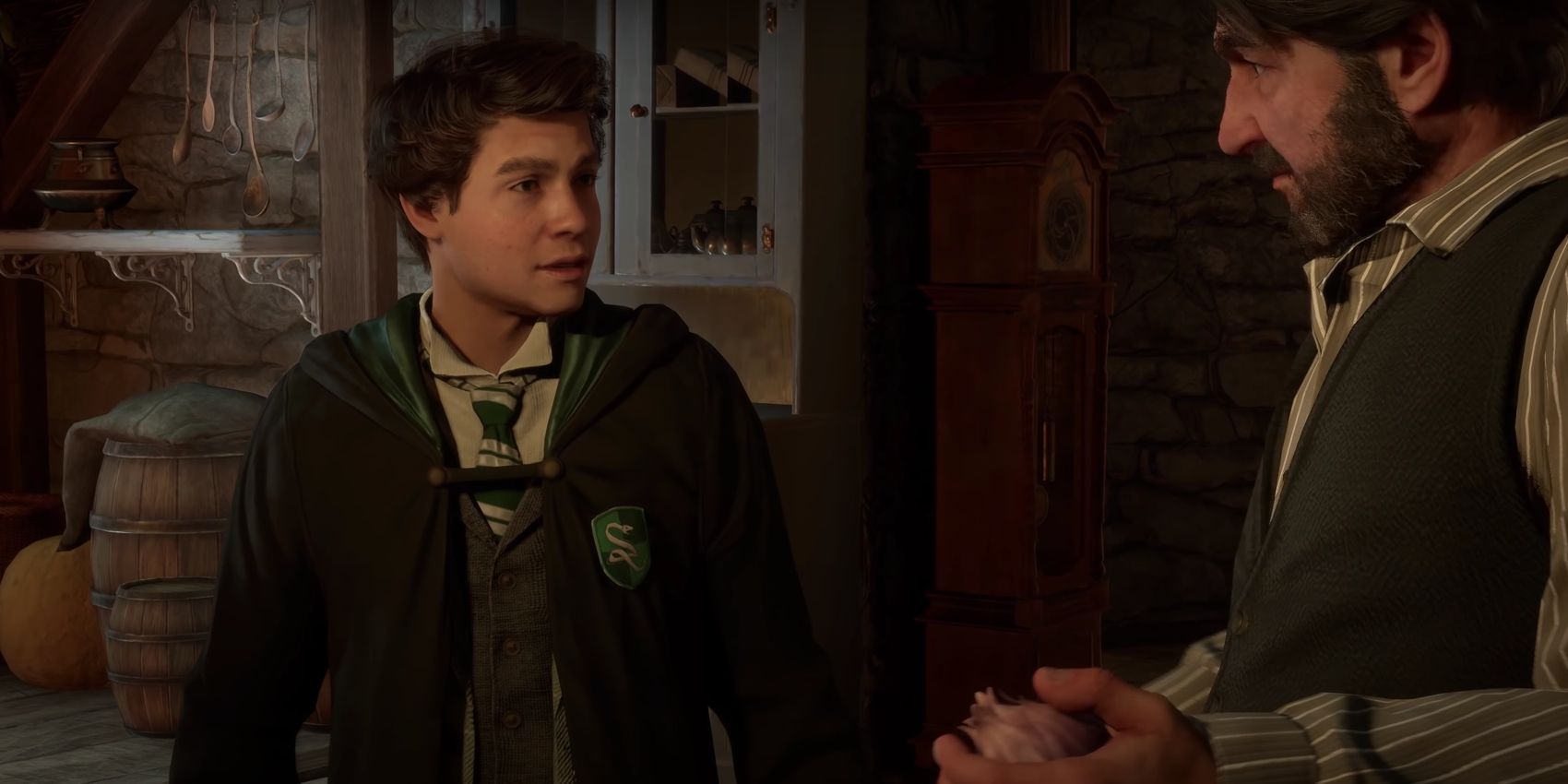 A Hogwarts Legacy student named Sebastian Sallow talking to a professor