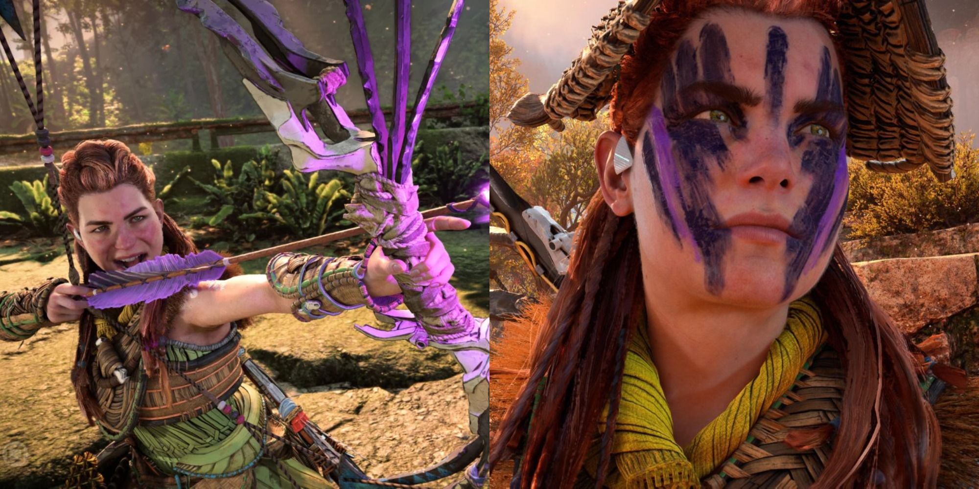 Split image showing Aloy hunting and wearing face paint in Horizon Forbidden West