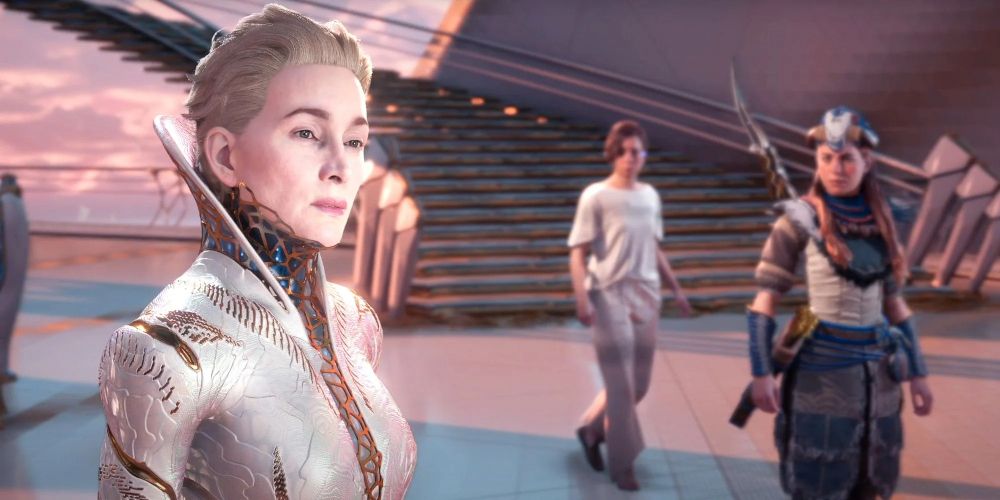 Tilda wears a shiny high collar in Horizon Forbidden West