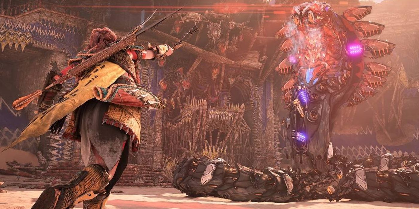 Aloy fighting a Slitherfang in Horizon Forbidden West