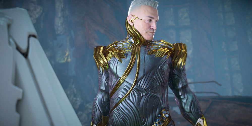 Erik wears a gold and gray suit in Horizon Forbidden West